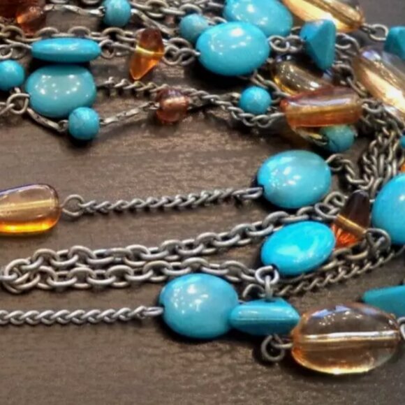 VINTAGE ESTATE AMBER GLASS & TURQUOISE BEADED 22" NECKLACE 1972 - Picture 2 of 2